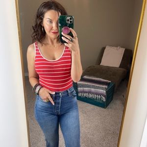 Vintage • 80s High Cut Bodysuit • Red+White Striped • L